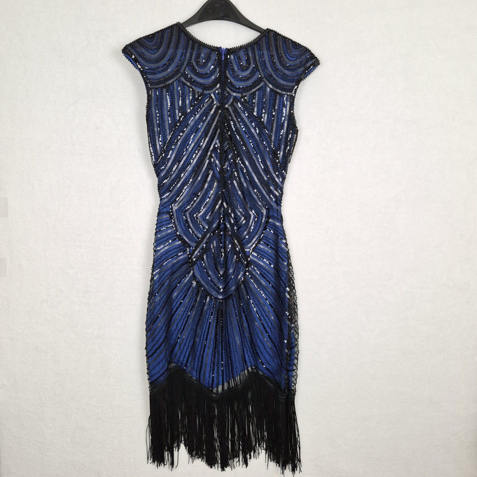 Ladies 1920s Roaring 20s Flapper Gatsby Blue Black Sequins Dress Small Fringe. — image 4 of 8